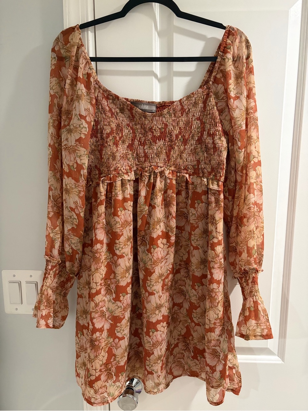 Addie Smocked Long Sleeve Floral Mini Dress in Rust Floral
